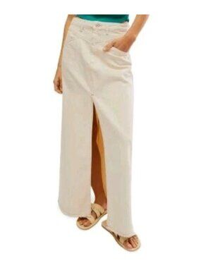 Free People Size 0 Come As You Are Denim Front Slit  Maxi Boho Skirt NEW